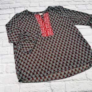 LOFT Womens Large Burgundy Floral Bell Sleeve Blouse Shirt Top Boho Casual